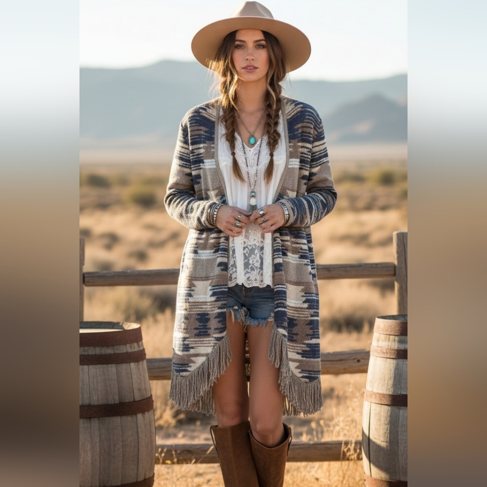 Lucky Brand Boho Southwestern‎ Fringe Cardigan Sweater
